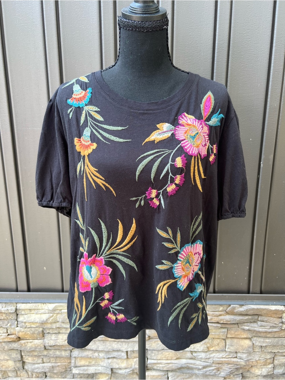 Johnny Was Black Short-Sleeve Tee with Multicolor Floral Embroidery